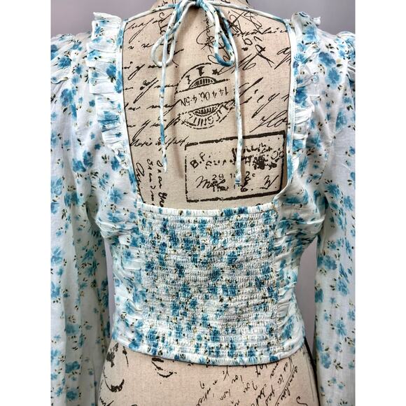 Free People Another Life Top White Combo Blue Floral Print L - Picture 15 of 16